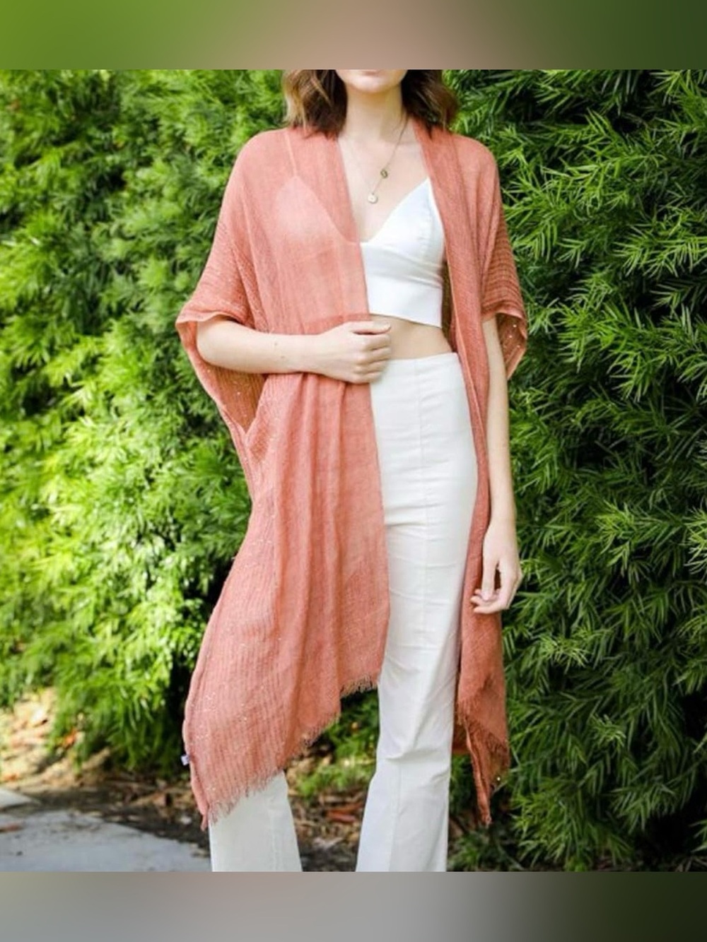 Open Weave Frayed Hem Open Front Dusty Rose Kimono EUC One Size